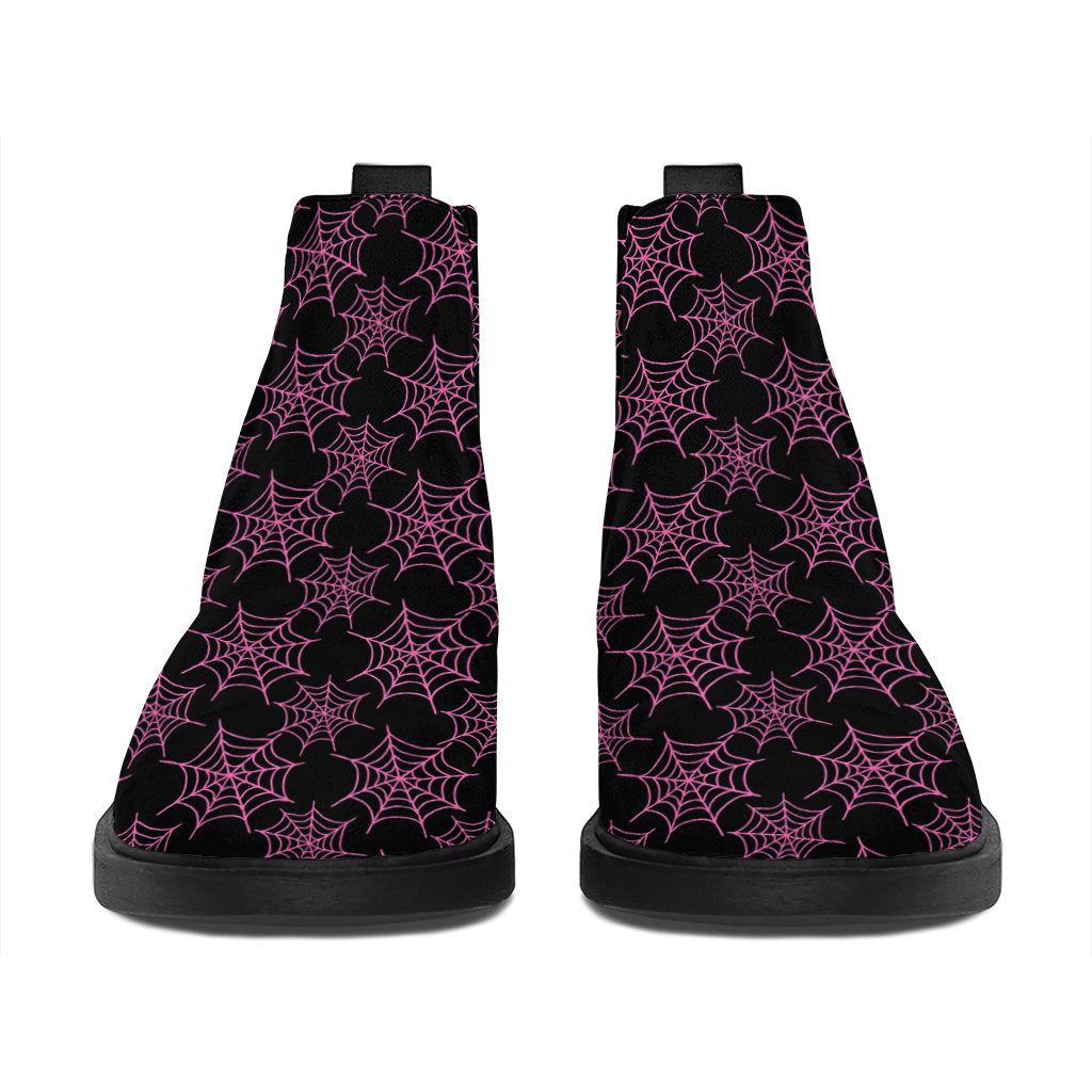 Black And Pink Spider Web Pattern Print Flat Ankle Boots