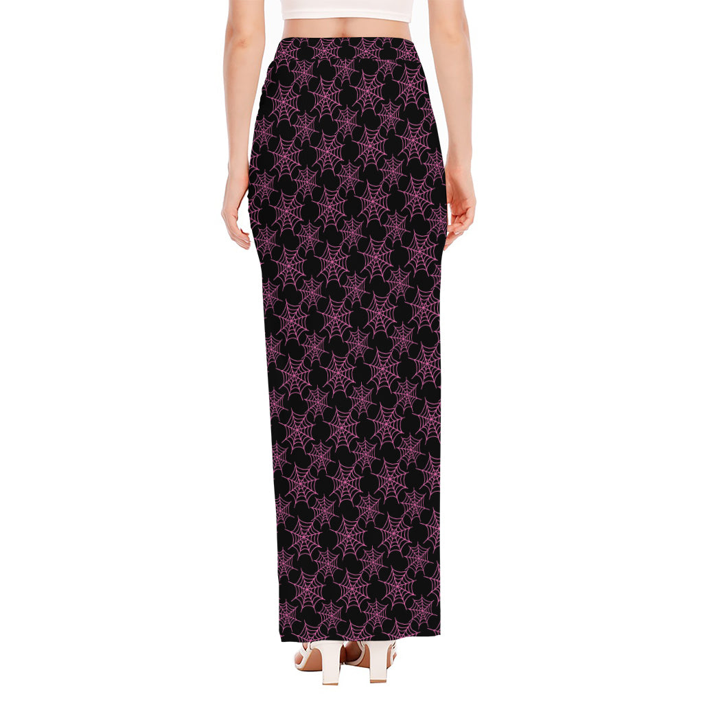 Black And Pink Spider Web Pattern Print High Slit Maxi Skirt