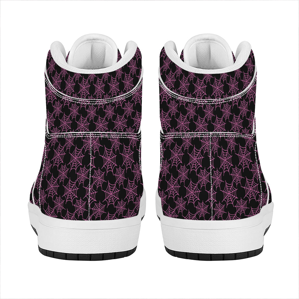Black And Pink Spider Web Pattern Print High Top Leather Sneakers