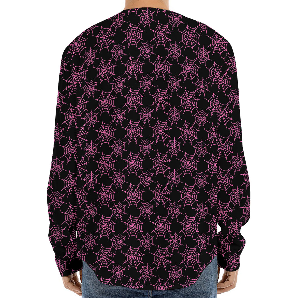 Black And Pink Spider Web Pattern Print Long Sleeve Baseball Jersey