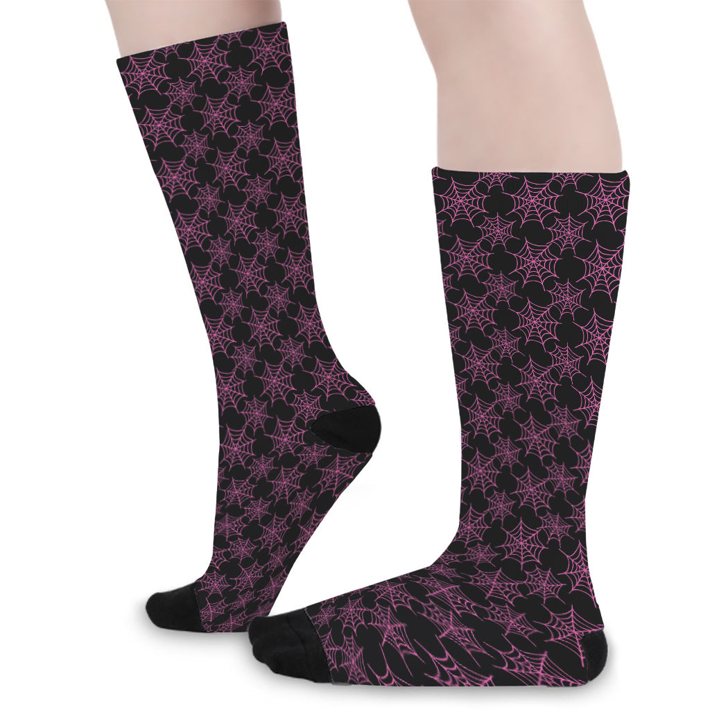 Black And Pink Spider Web Pattern Print Long Socks