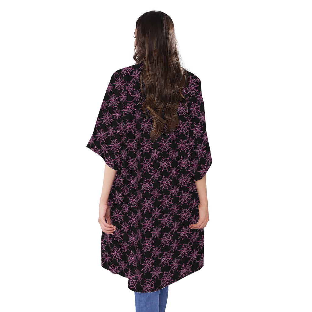 Black And Pink Spider Web Pattern Print Open Front Beach Cover Up