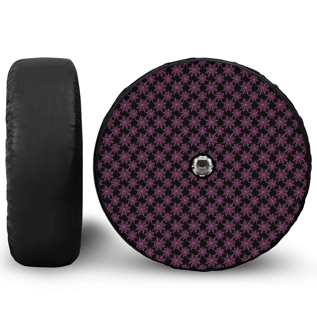 Black And Pink Spider Web Pattern Print Tire Cover With Camera Hole