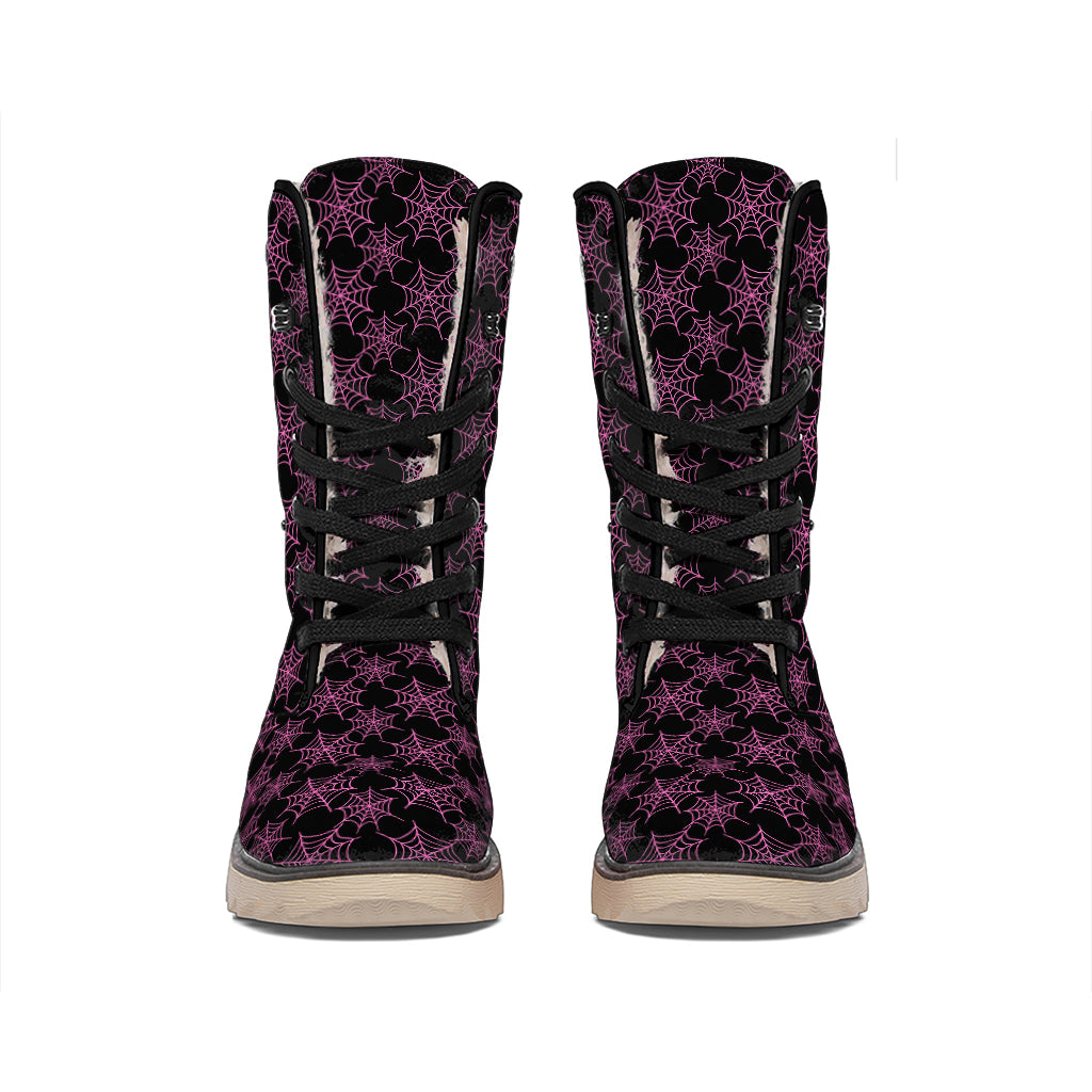 Black And Pink Spider Web Pattern Print Winter Boots