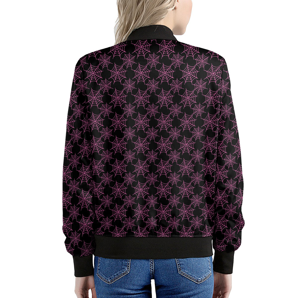 Black And Pink Spider Web Pattern Print Women's Bomber Jacket