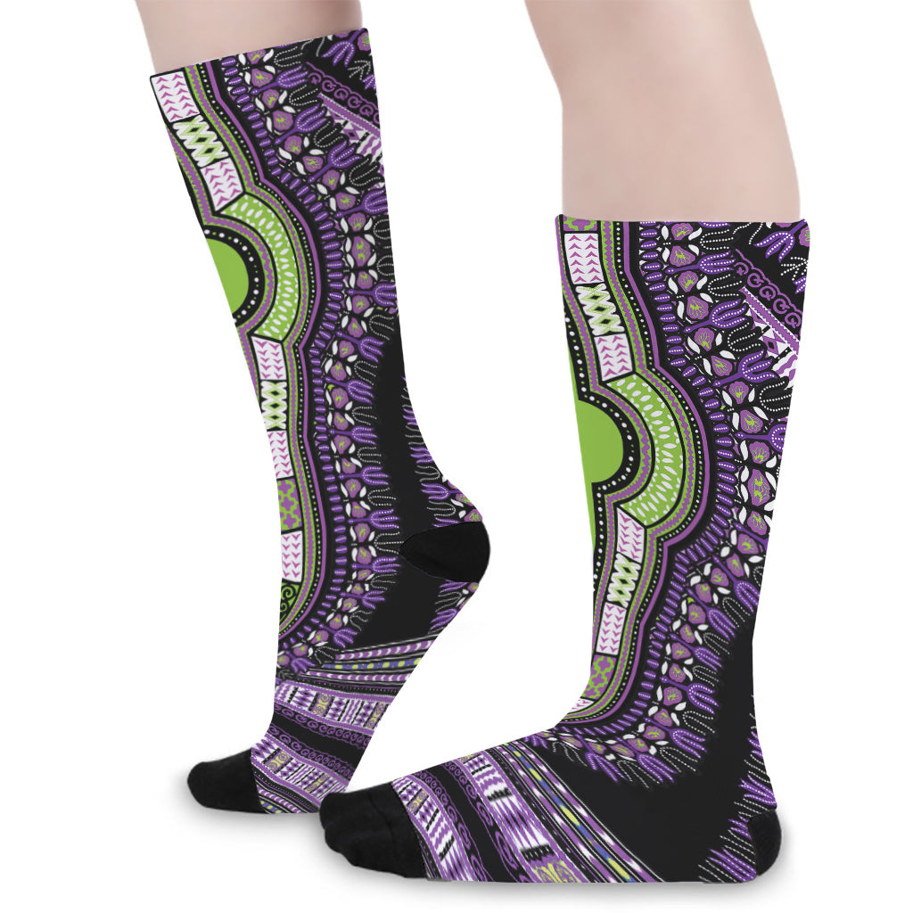 Black And Purple African Dashiki Print Long Socks