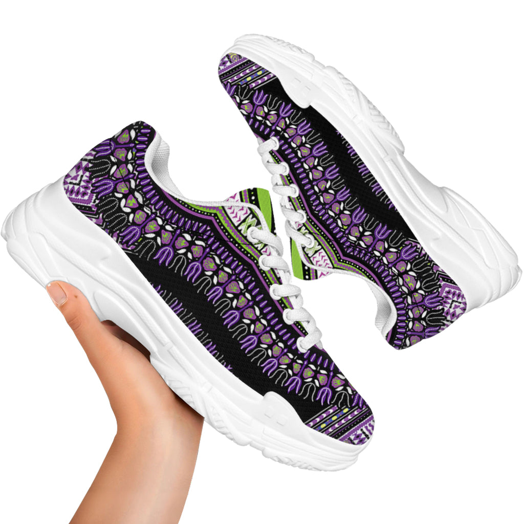 Black And Purple African Dashiki Print White Chunky Shoes
