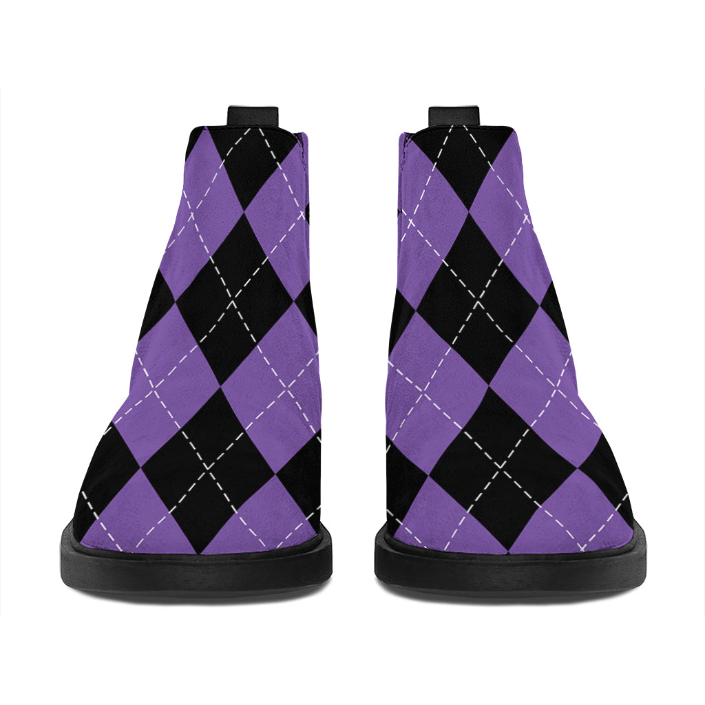 Black And Purple Argyle Pattern Print Flat Ankle Boots