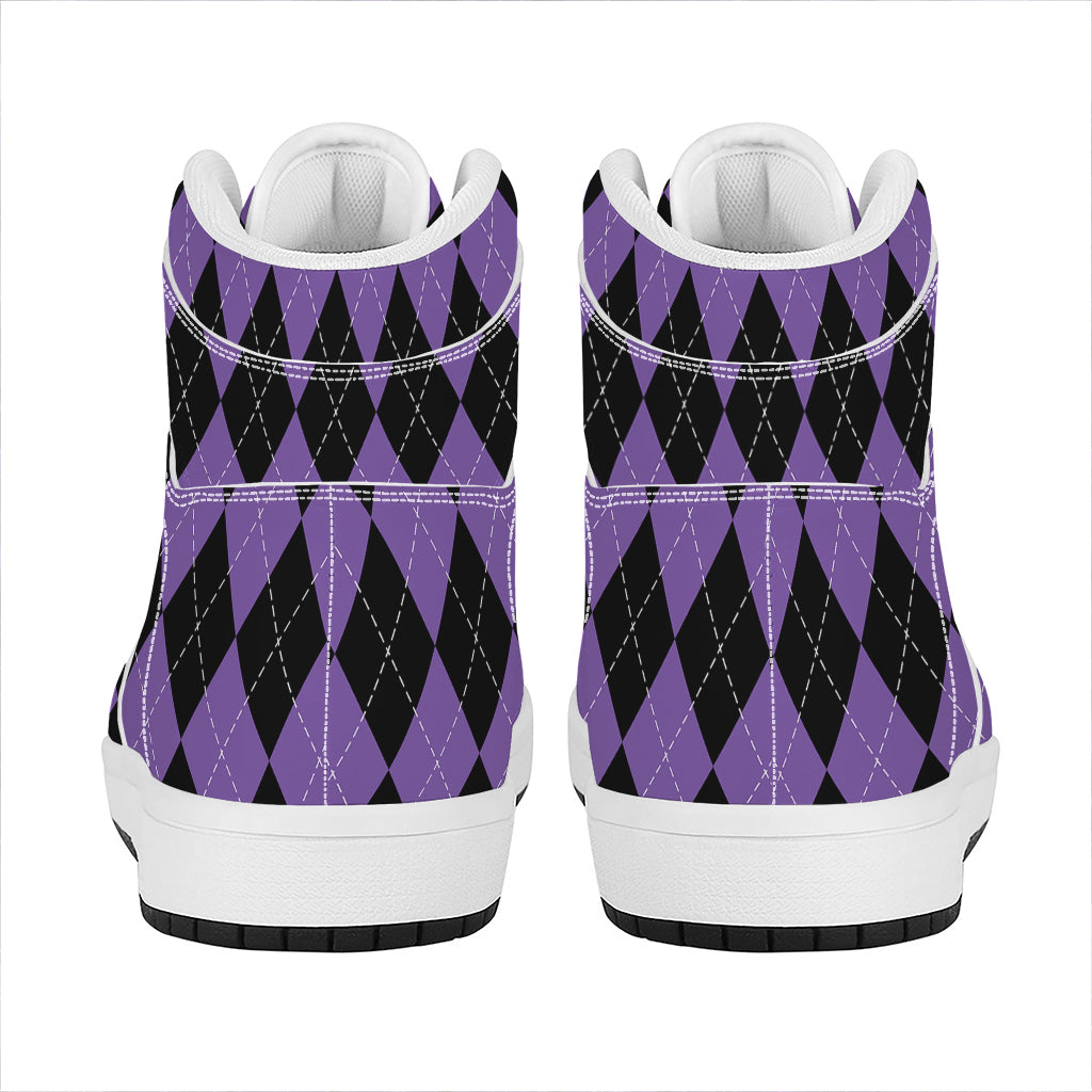 Black And Purple Argyle Pattern Print High Top Leather Sneakers