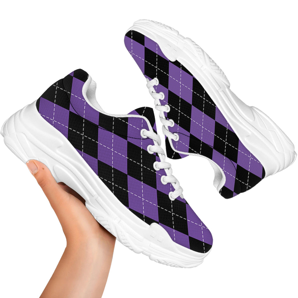 Black And Purple Argyle Pattern Print White Chunky Shoes