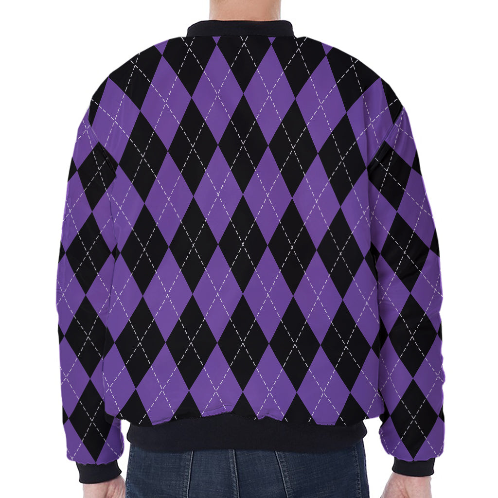 Black And Purple Argyle Pattern Print Zip Sleeve Bomber Jacket