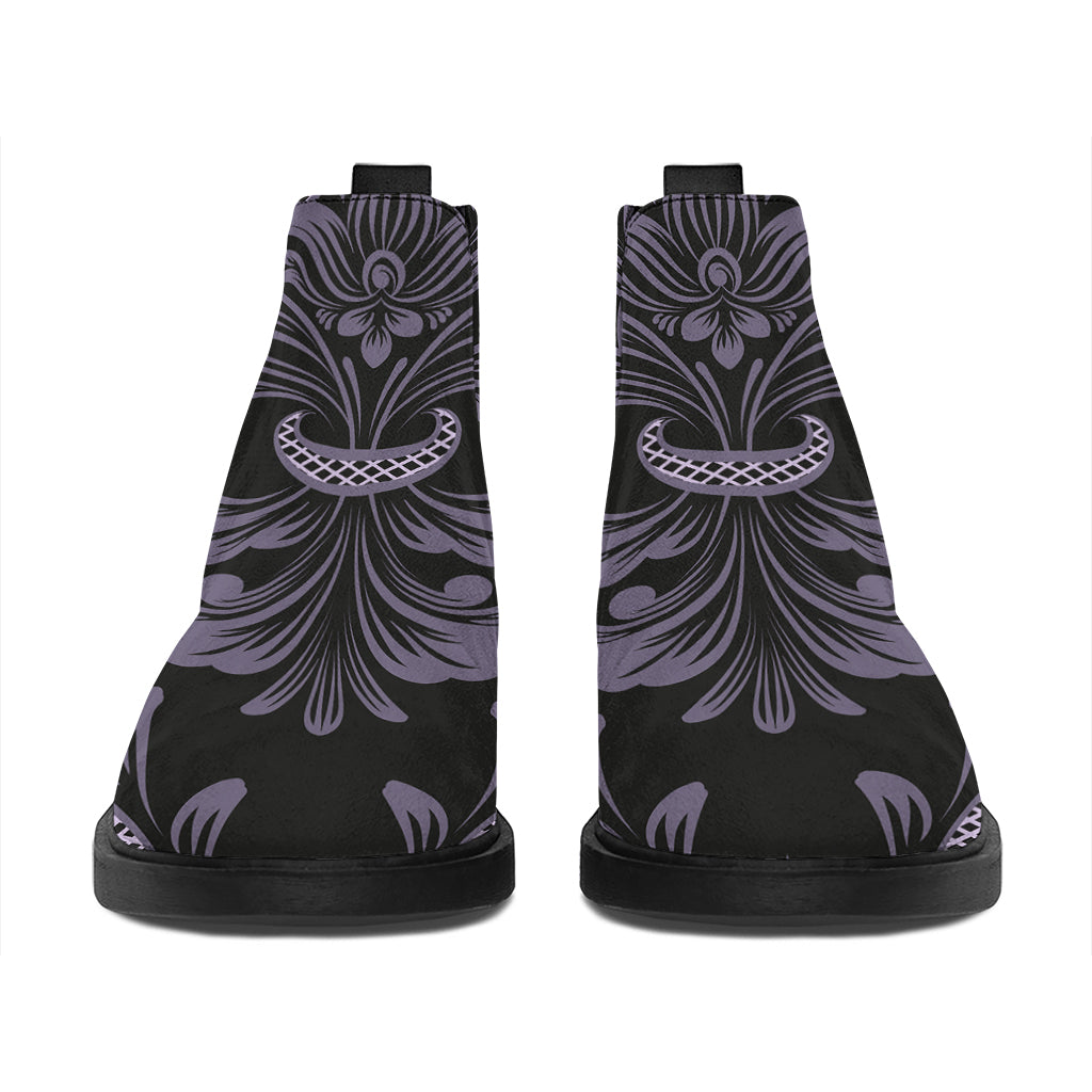 Black And Purple Damask Pattern Print Flat Ankle Boots