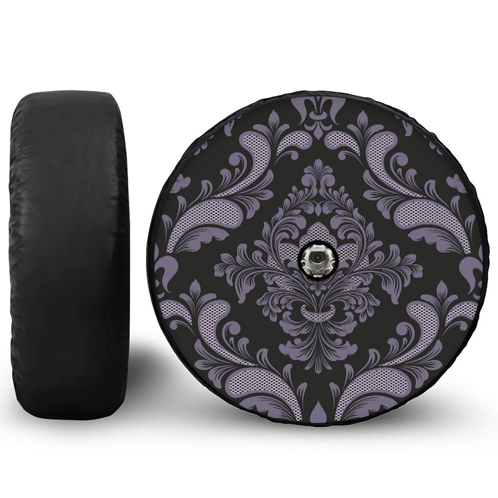 Black And Purple Damask Pattern Print Tire Cover With Camera Hole