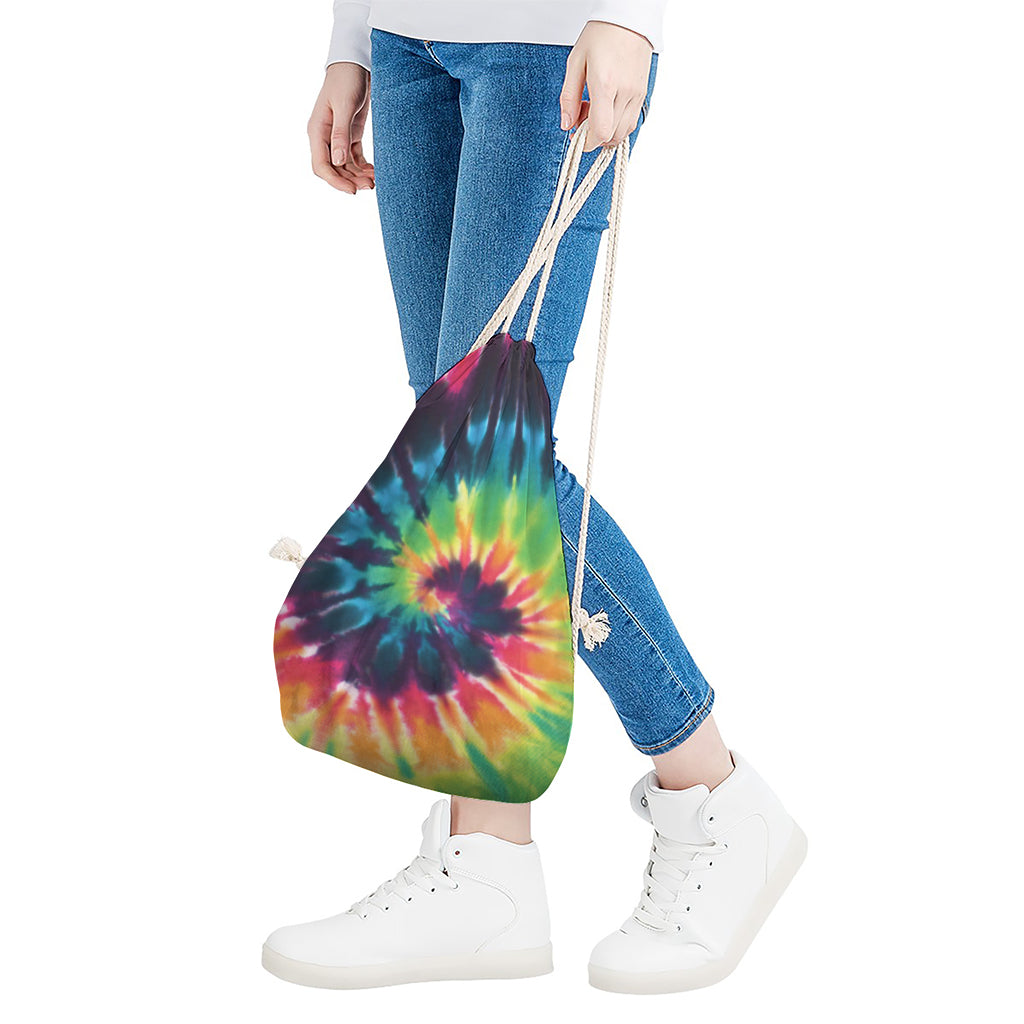 Black And Rainbow Tie Dye Print Drawstring Bag