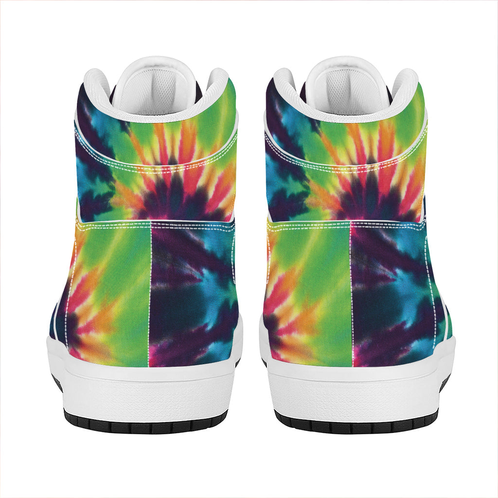 Black And Rainbow Tie Dye Print High Top Leather Sneakers