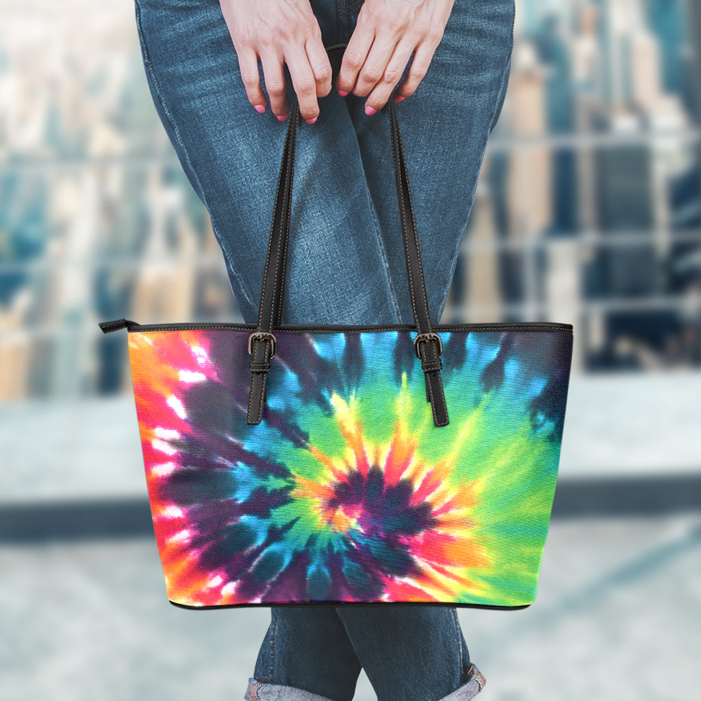 Black And Rainbow Tie Dye Print Leather Tote Bag