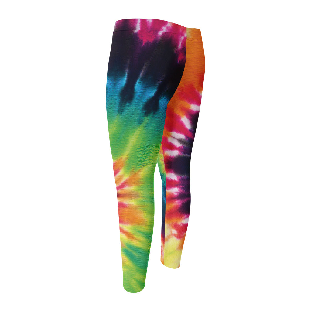 Black And Rainbow Tie Dye Print Men's Compression Pants