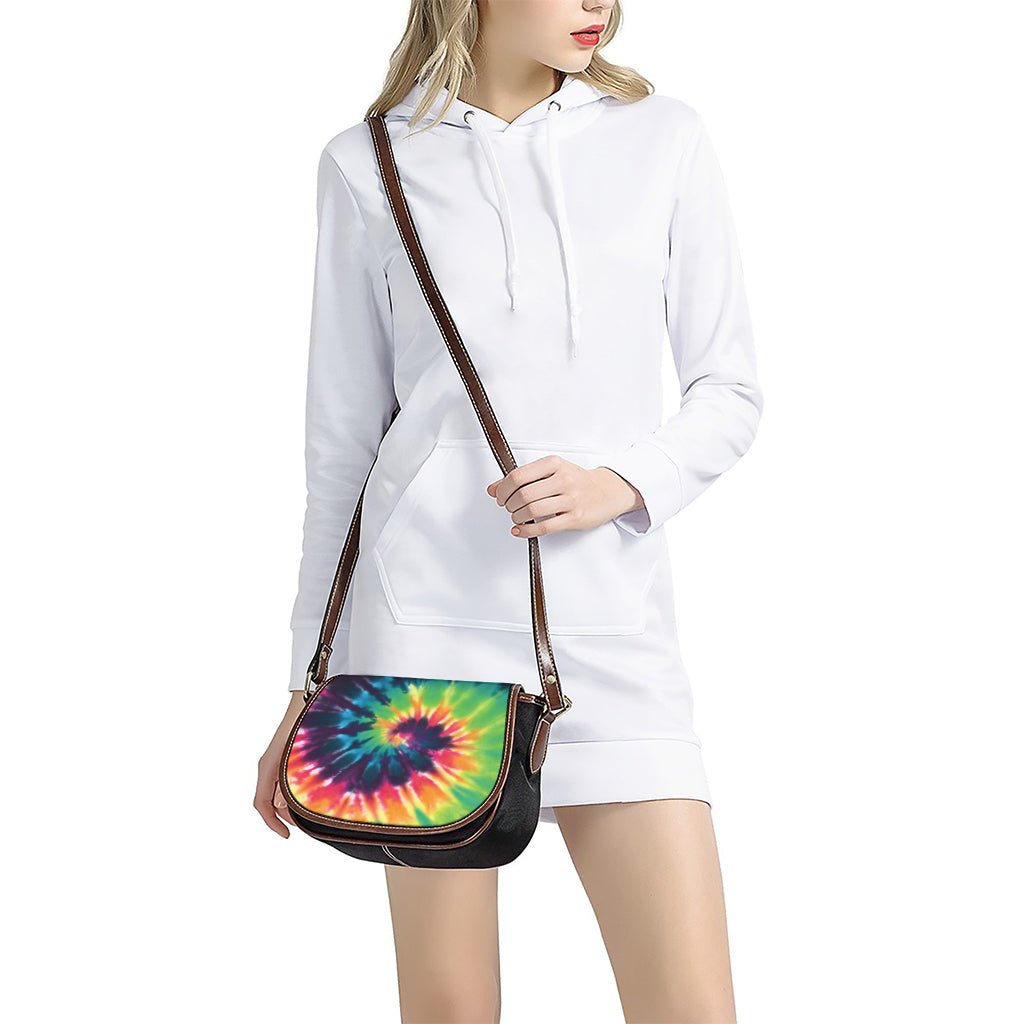 Black And Rainbow Tie Dye Print Saddle Bag