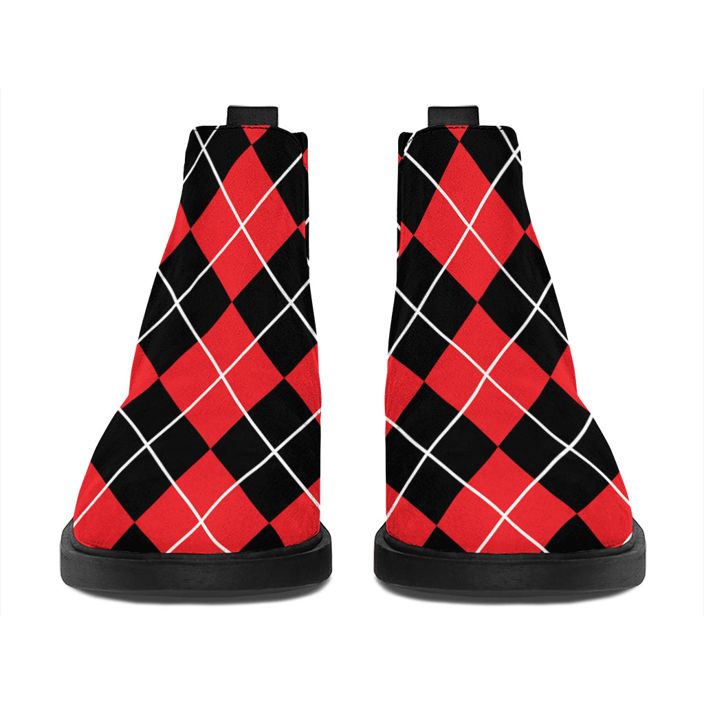 Black And Red Argyle Pattern Print Flat Ankle Boots