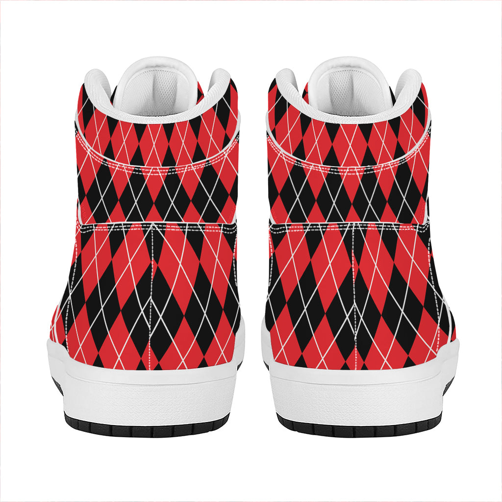 Black And Red Argyle Pattern Print High Top Leather Sneakers