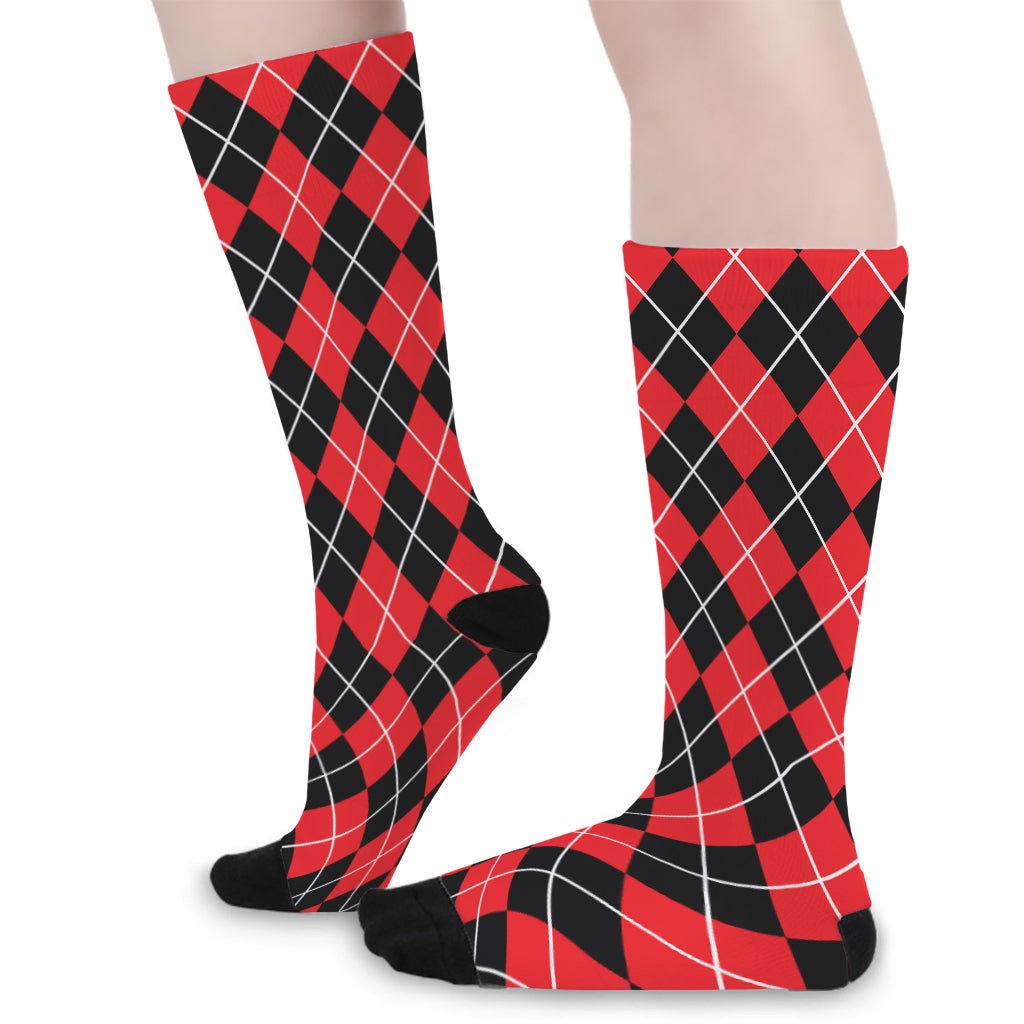 Black And Red Argyle Pattern Print Long Socks
