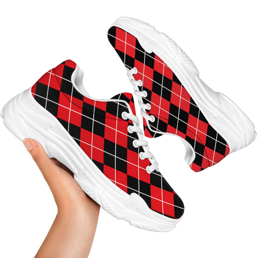 Black And Red Argyle Pattern Print White Chunky Shoes