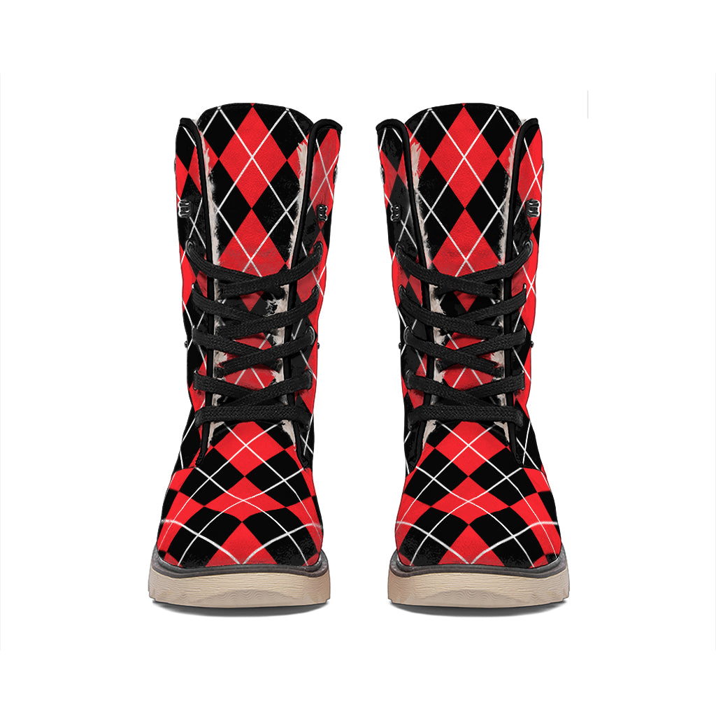 Black And Red Argyle Pattern Print Winter Boots