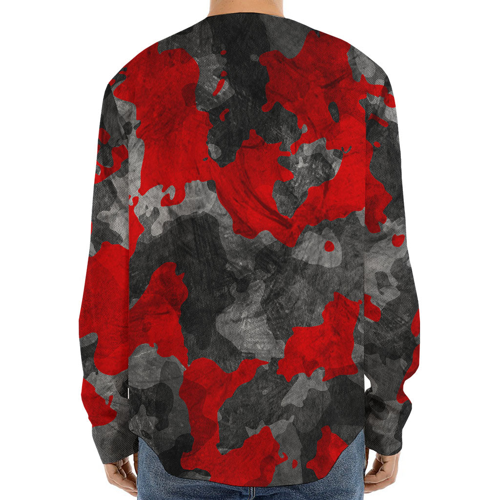 Black And Red Camouflage Print Long Sleeve Baseball Jersey