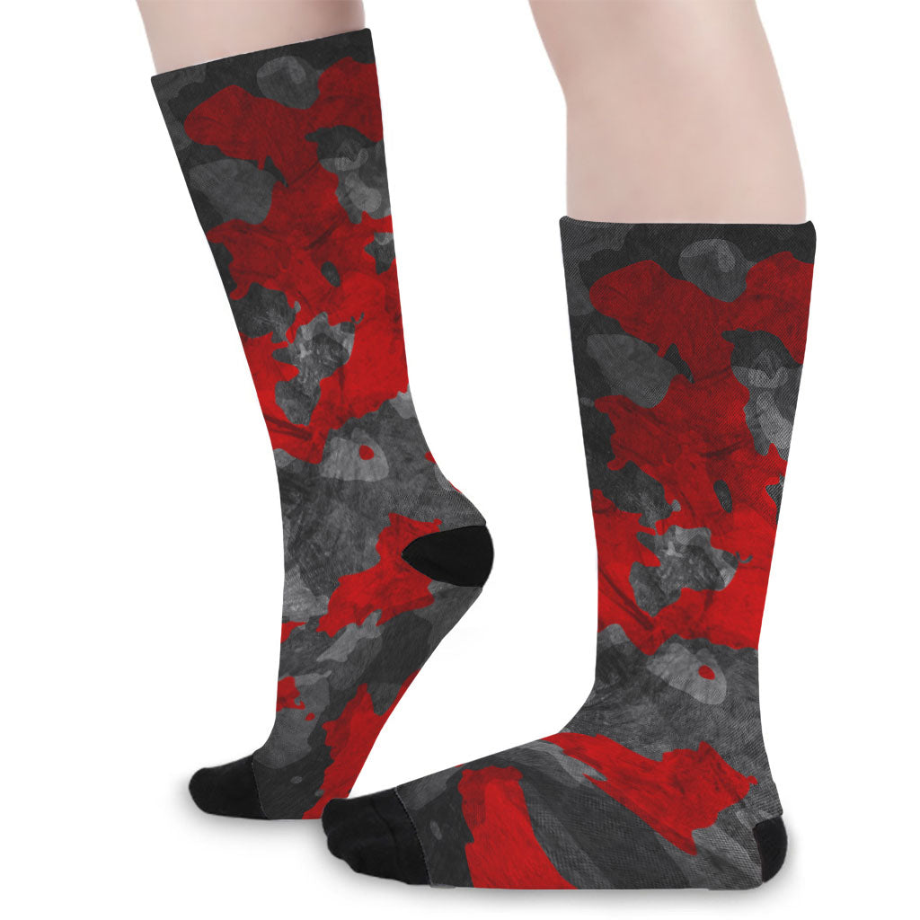 Black And Red Camouflage Print Long Socks