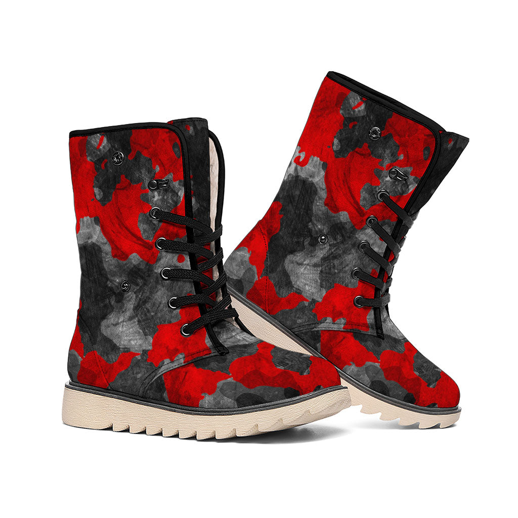 Black And Red Camouflage Print Winter Boots