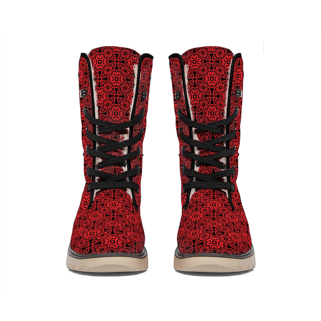 Black And Red Chinese Pattern Print Winter Boots