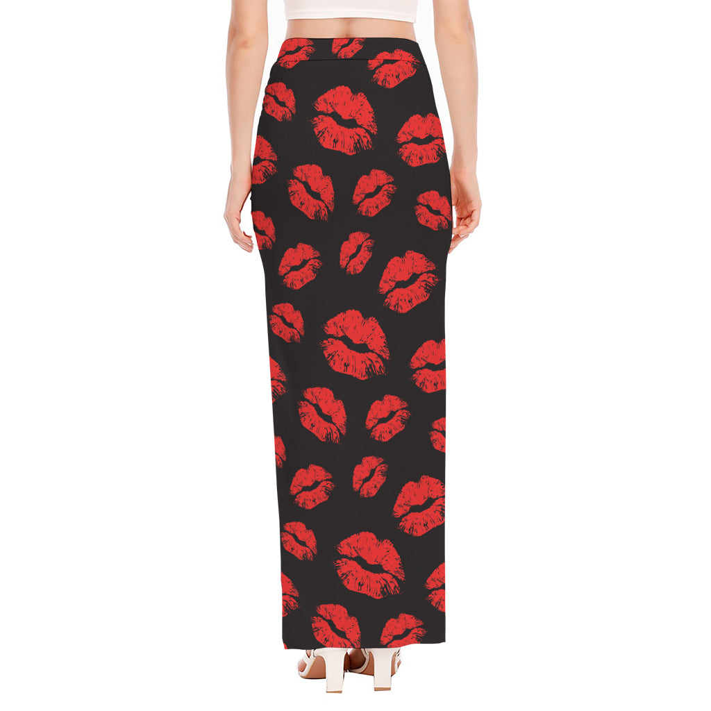 Black And Red Lips Pattern Print High Slit Maxi Skirt