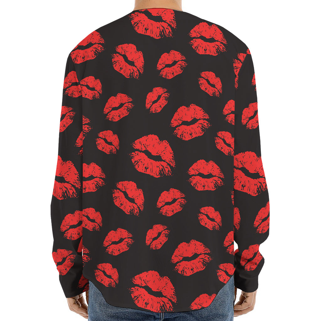 Black And Red Lips Pattern Print Long Sleeve Baseball Jersey