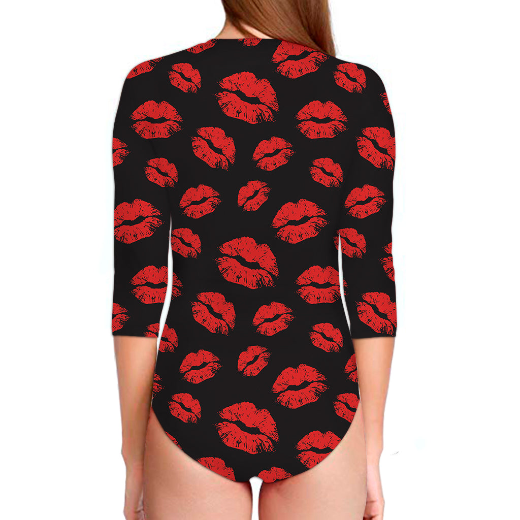 Black And Red Lips Pattern Print Long Sleeve Swimsuit