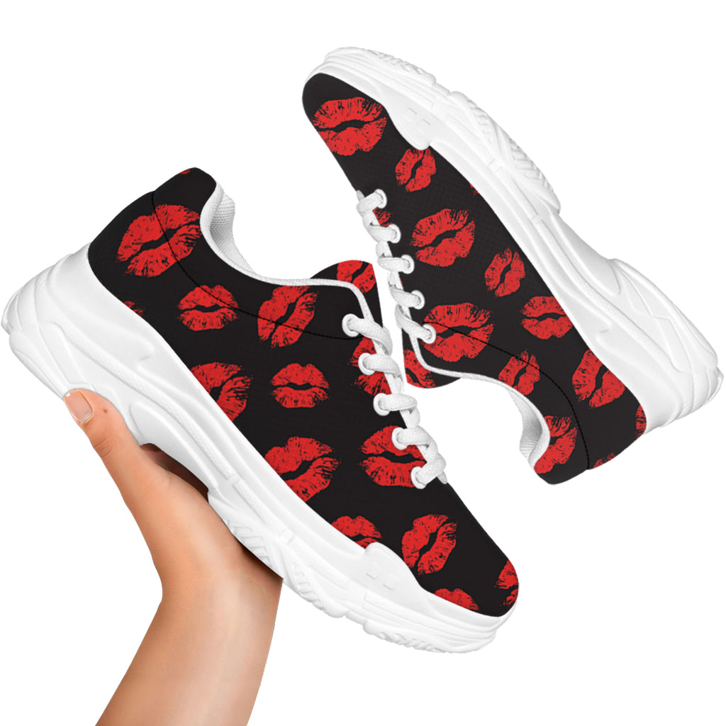 Black And Red Lips Pattern Print White Chunky Shoes