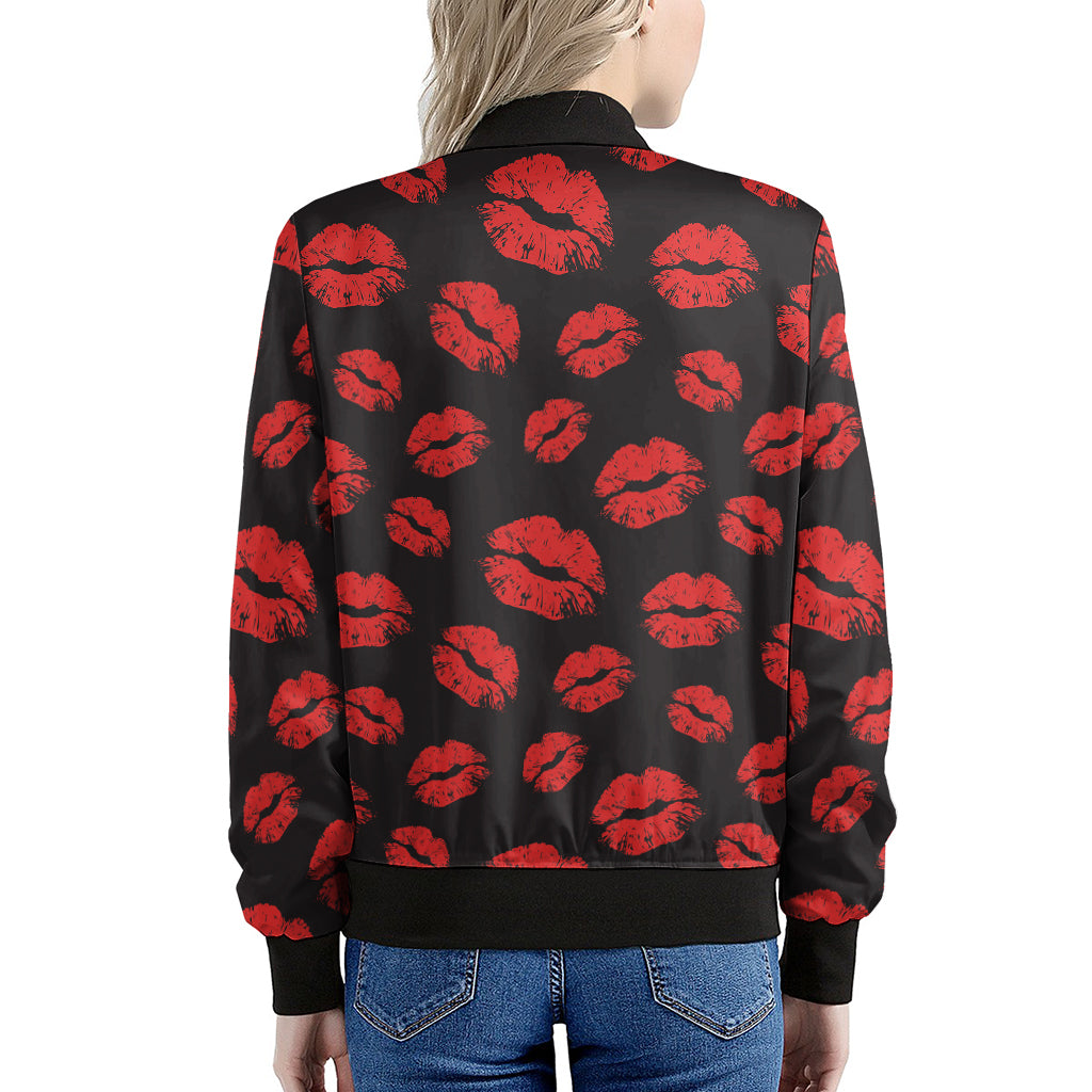 Black And Red Lips Pattern Print Women's Bomber Jacket