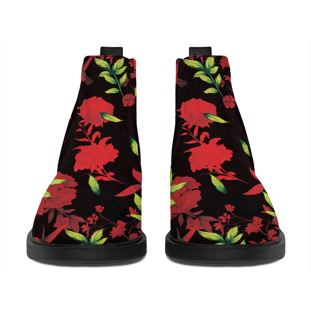 Black And Red Roses Floral Print Flat Ankle Boots