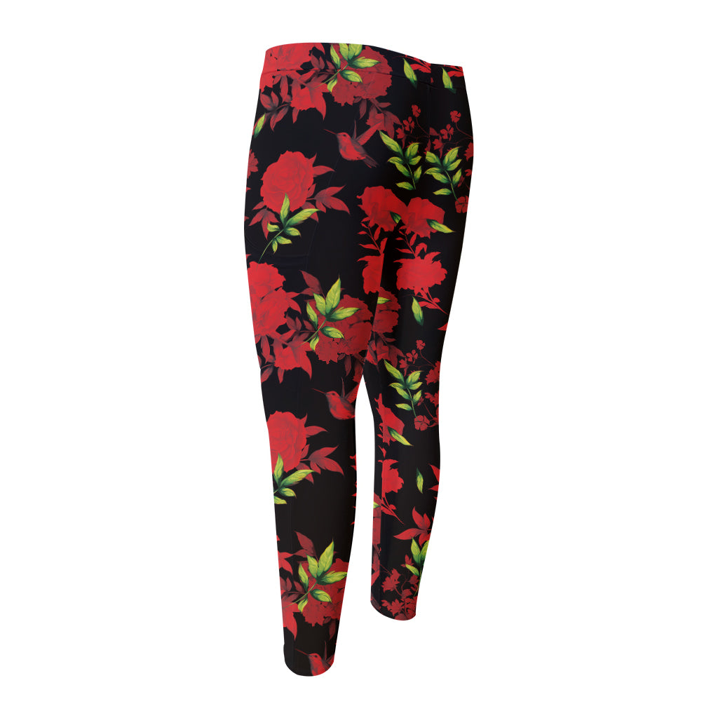 Black And Red Roses Floral Print Men's Compression Pants