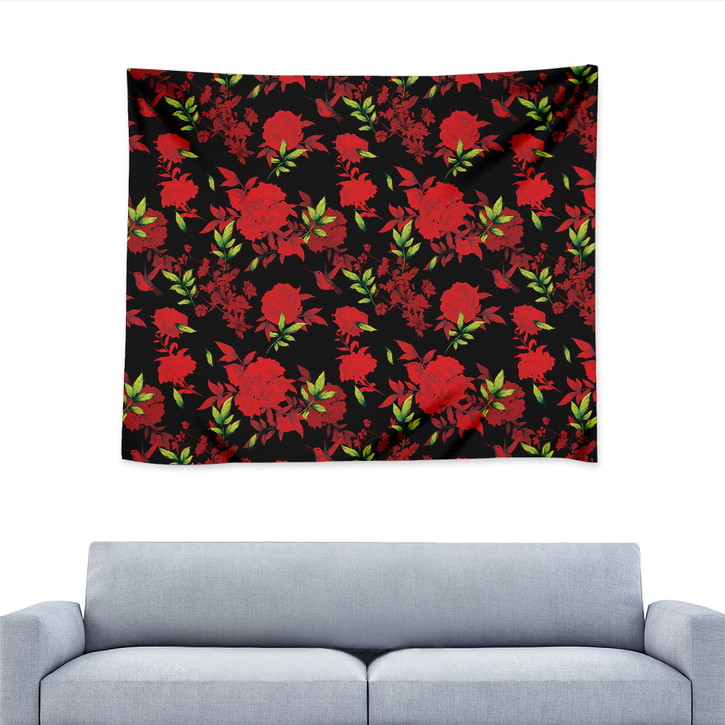 Black And Red Roses Floral Print Tapestry