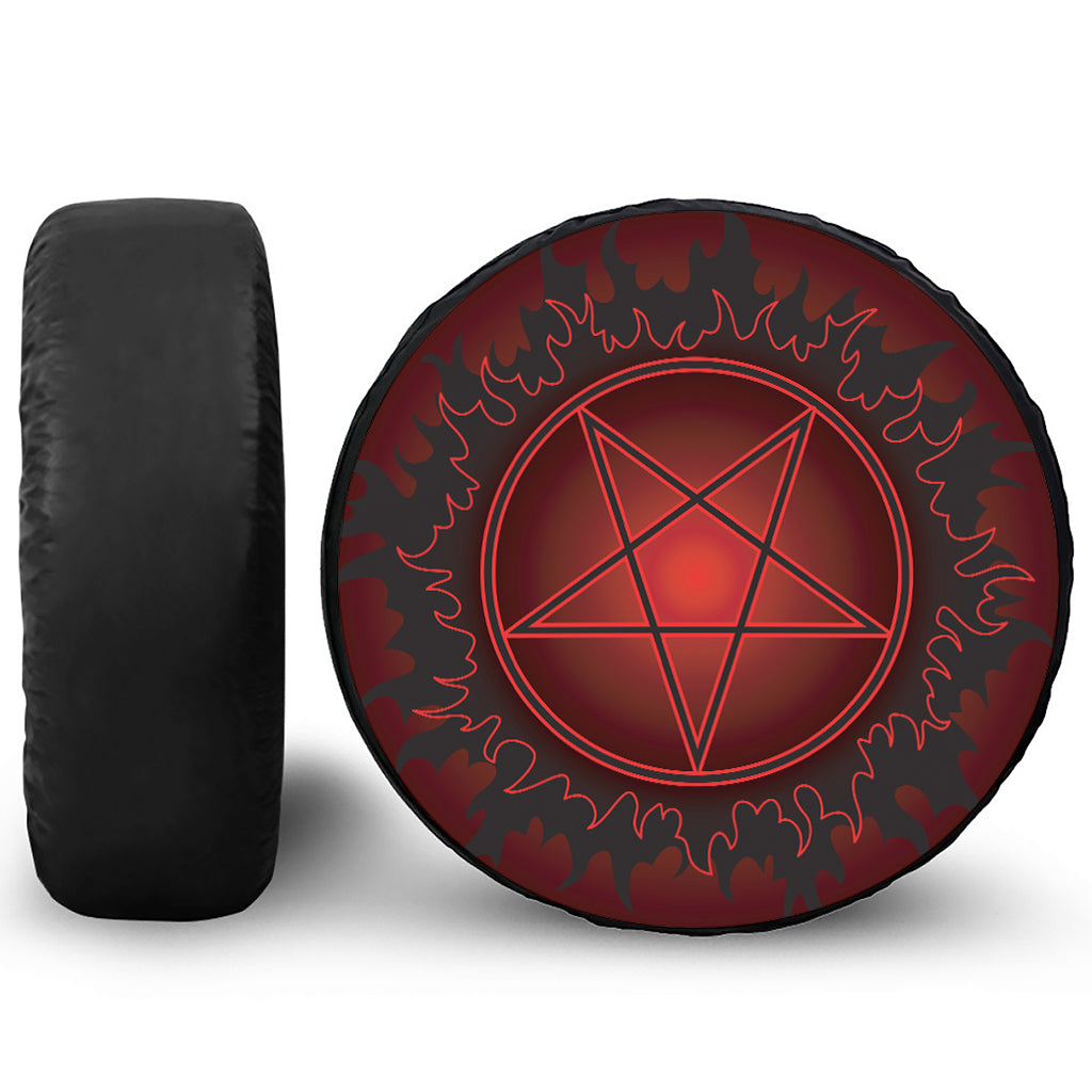 Black And Red Satanic Pentagram Print Leather Spare Tire Cover