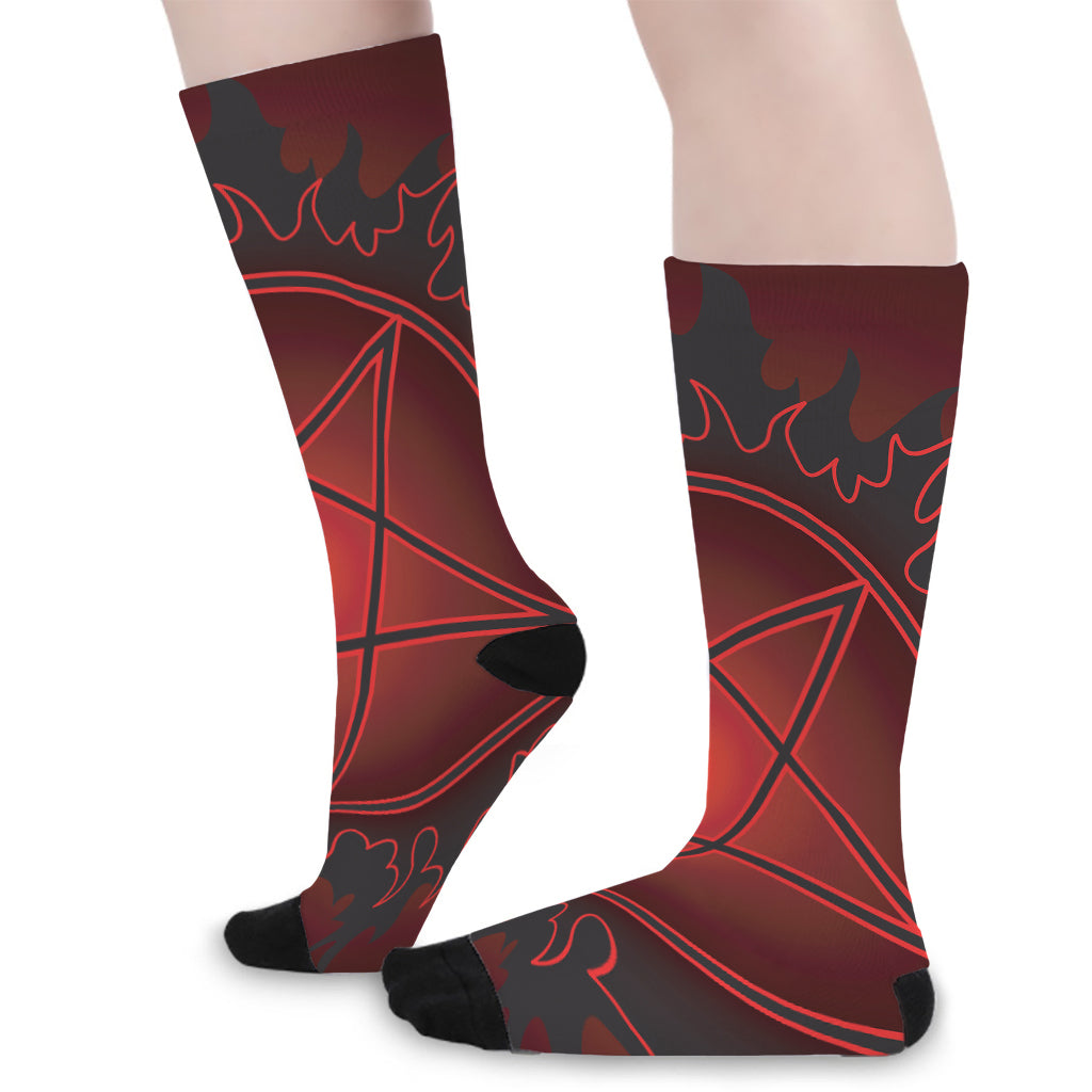Black And Red Satanic Pentagram Print Long Socks