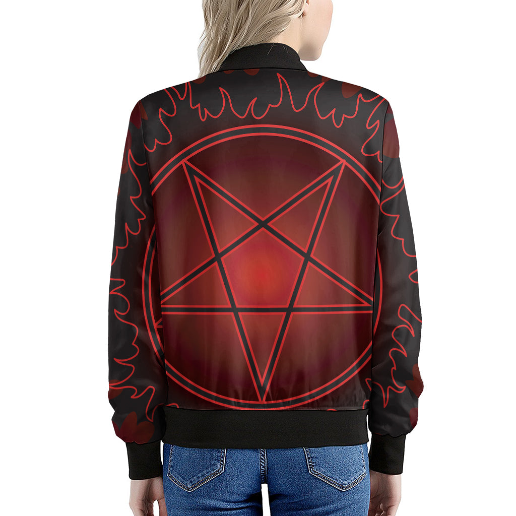 Black And Red Satanic Pentagram Print Women's Bomber Jacket