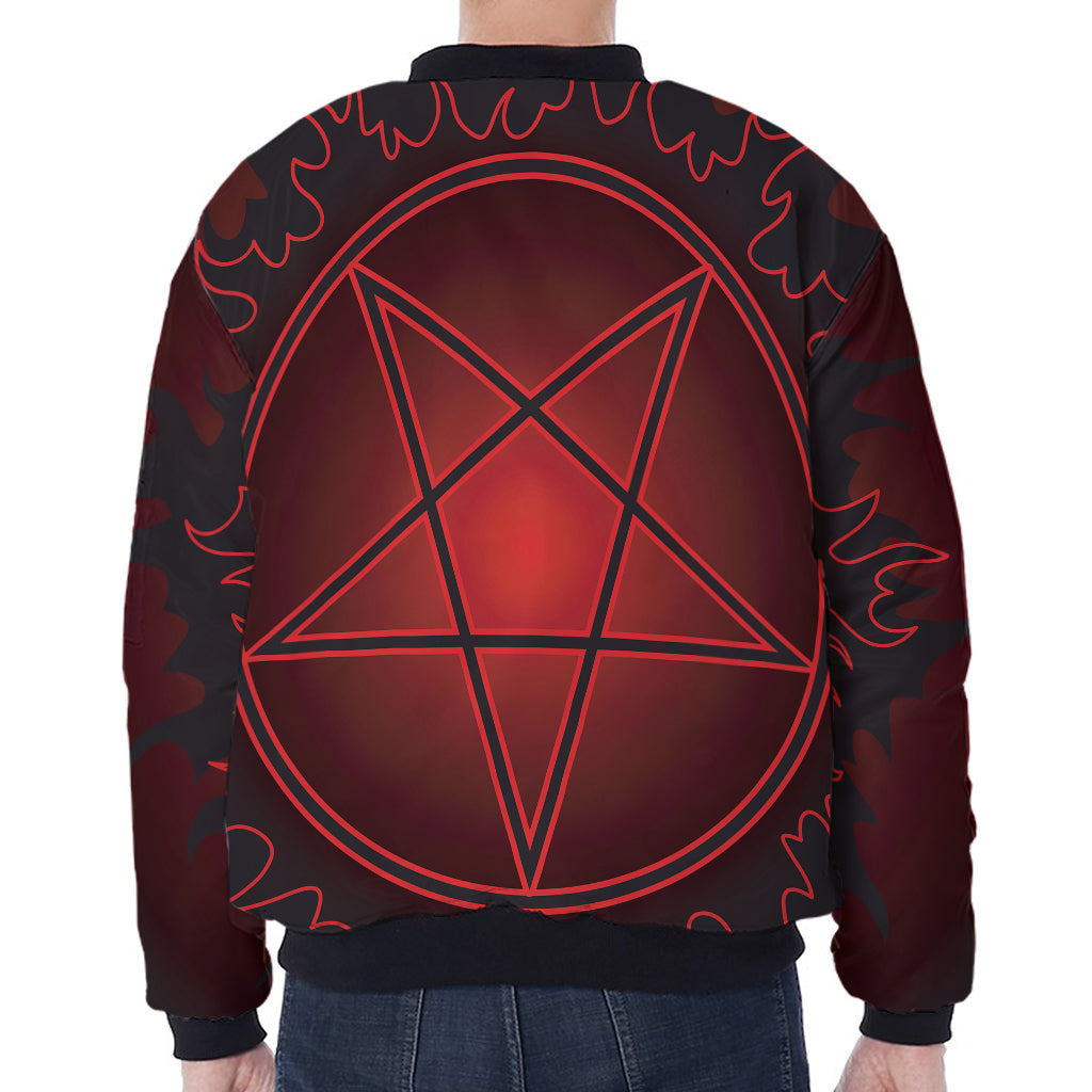Black And Red Satanic Pentagram Print Zip Sleeve Bomber Jacket