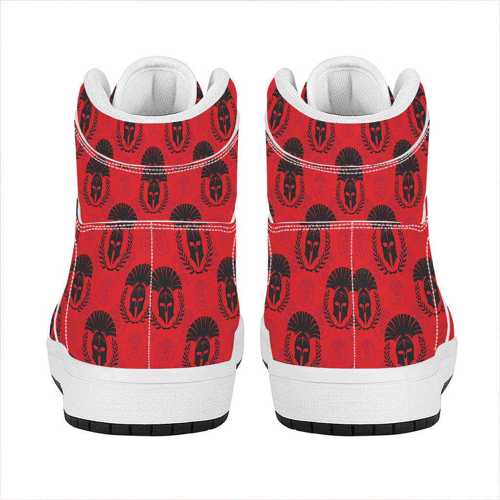 Black And Red Spartan Pattern Print High Top Leather Sneakers