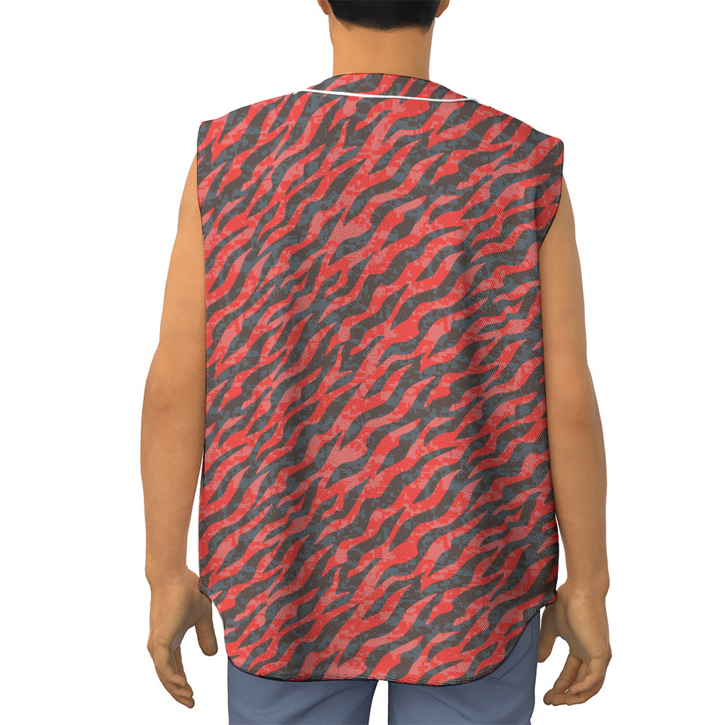 Black And Red Tiger Stripe Camo Print Sleeveless Baseball Jersey