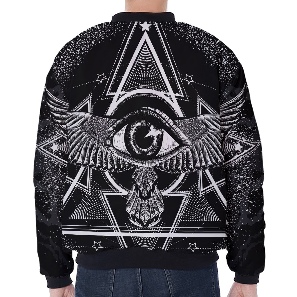 Black And White All Seeing Eye Print Zip Sleeve Bomber Jacket