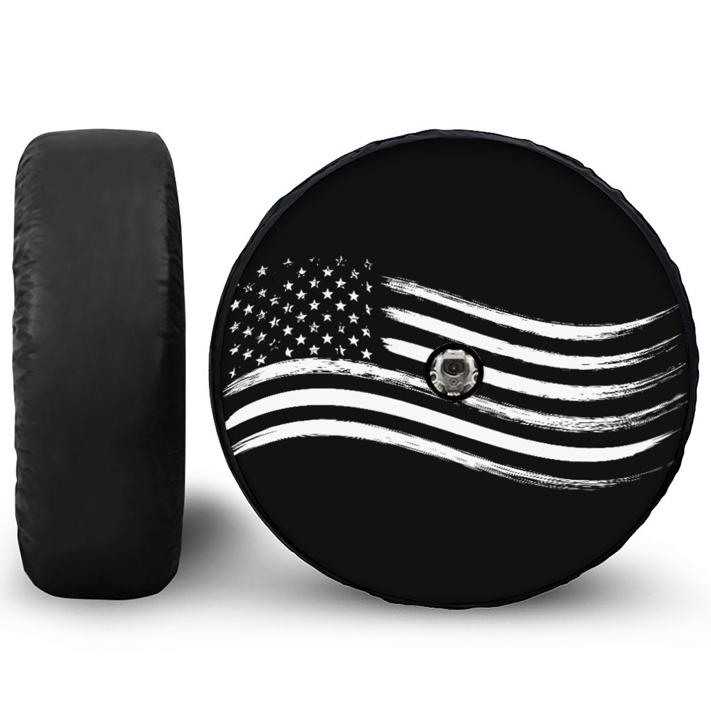 Black And White American Flag Print Tire Cover With Camera Hole
