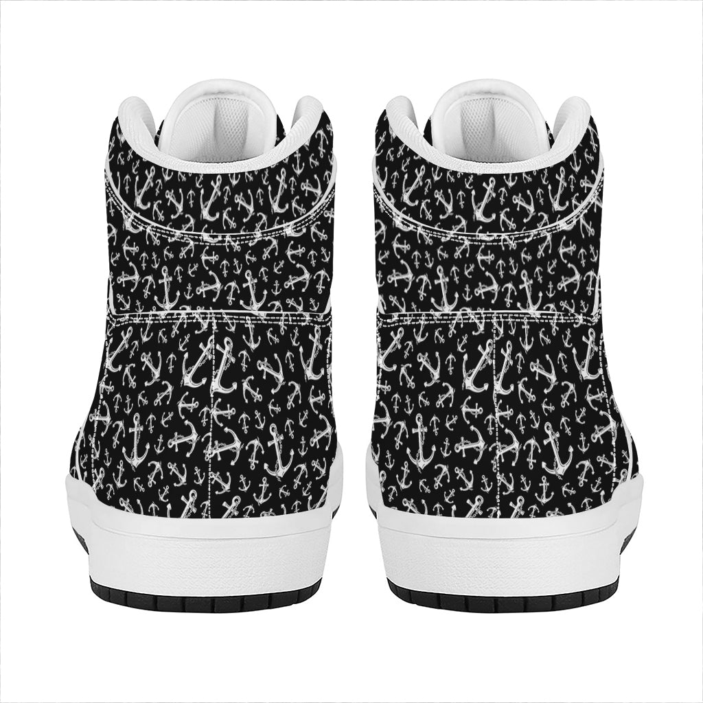 Black And White Anchor Pattern Print High Top Leather Sneakers