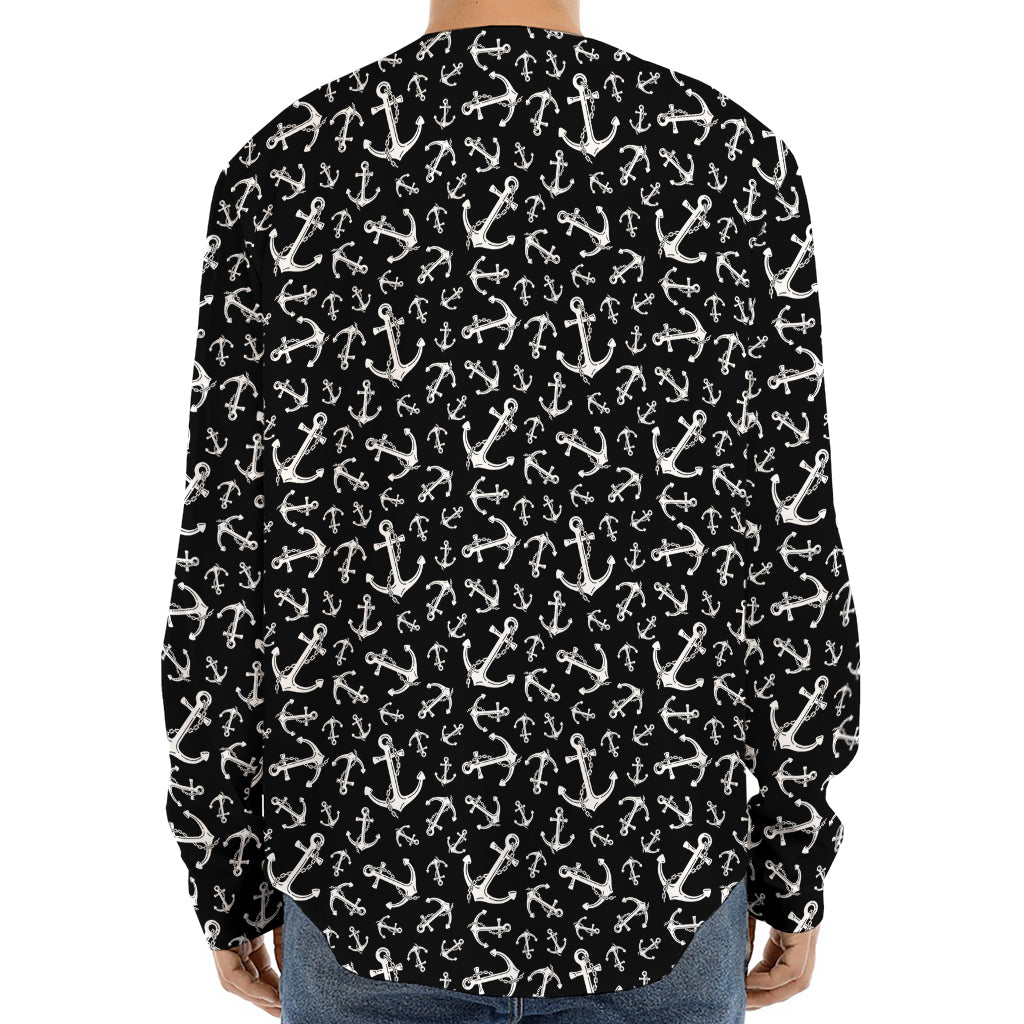 Black And White Anchor Pattern Print Long Sleeve Baseball Jersey