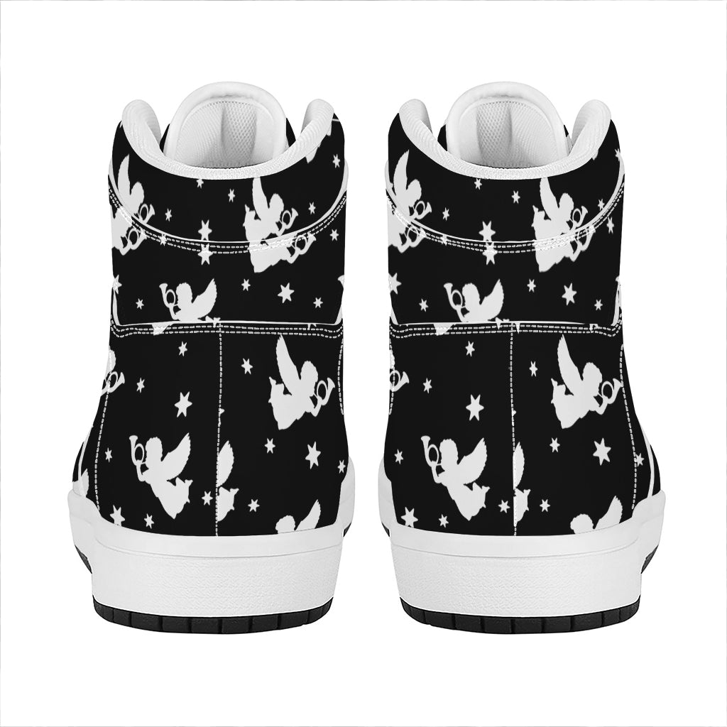 Black And White Angel Pattern Print High Top Leather Sneakers